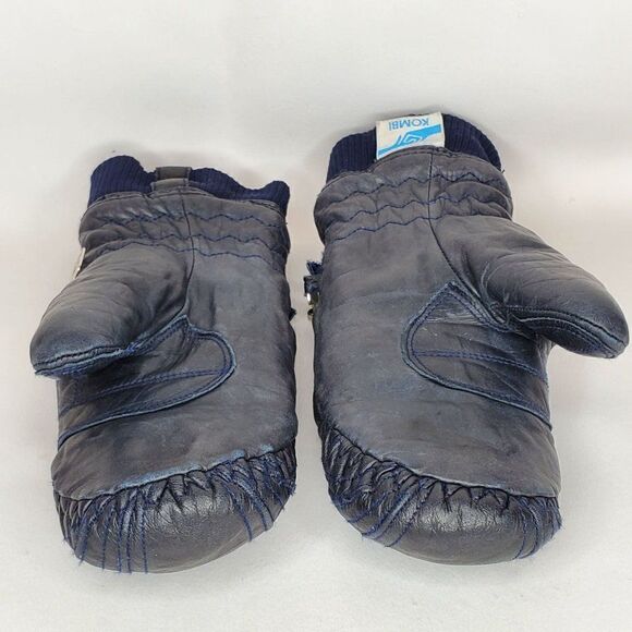Vintage Kombi Leather Insulated Mittens Gloves Ladies Medium Navy Blue - Picture 5 of 6